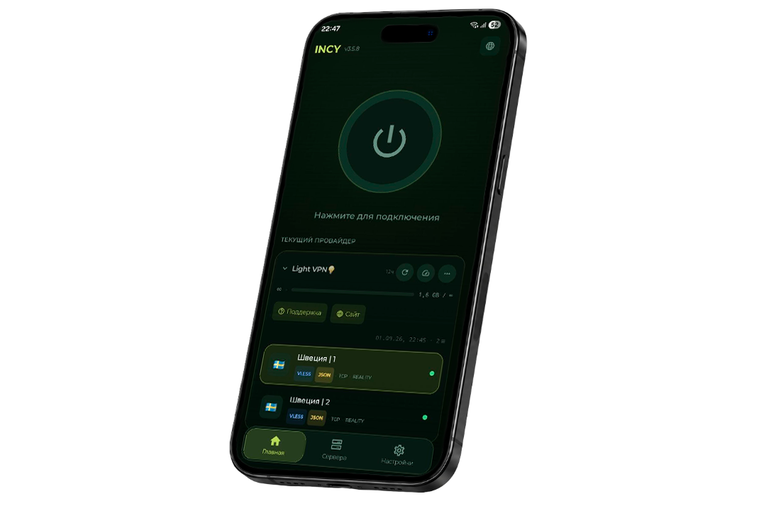 Интерфейс приложения incy с активным подключением Light VPN